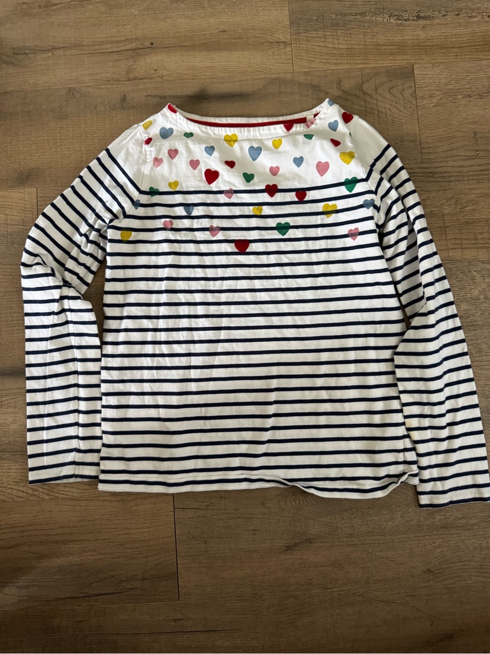 Mini Boden Navy & White Striped Long-Sleeve Top with Multicolored Hearts